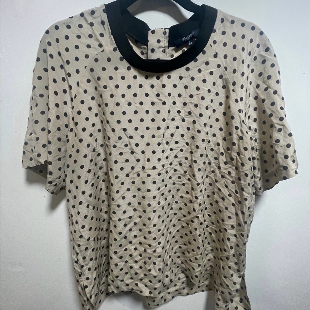 Madewell Beige Polka Dot Top with Black Trim
